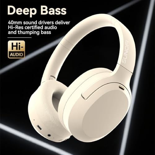 Hybrid Active Noise Cancelling Headphones, Wireless Over Ear Bluetooth Headphones with Mic, 40H Playtime, Hi-Res Audio, Deep Bass, Foldable Comfort Fit Ear Cups for Travel, Office, Home (White) - color: White
