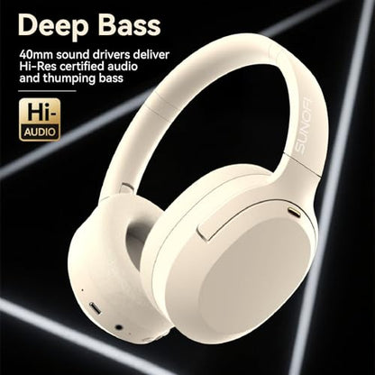 Hybrid Active Noise Cancelling Headphones, Wireless Over Ear Bluetooth Headphones with Mic, 40H Playtime, Hi-Res Audio, Deep Bass, Foldable Comfort Fit Ear Cups for Travel, Office, Home (White) - color: White
