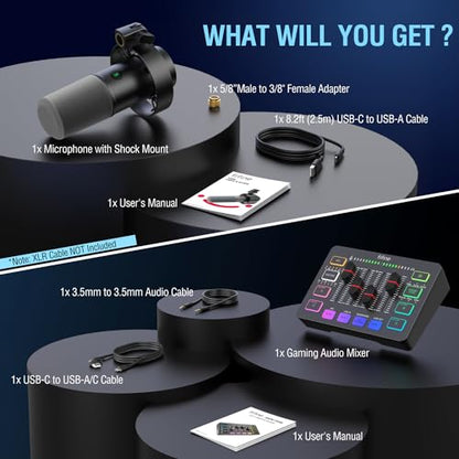 FIFINE Gaming Audio Mixer and XLR/USB Dynamic Microphone Bundle, Streaming 4-Channel RGB Mixer with XLR Microphone Interface,48V Phantom Power for Game, Voice, Podcast, Recording, YouTube (SC3+K688)