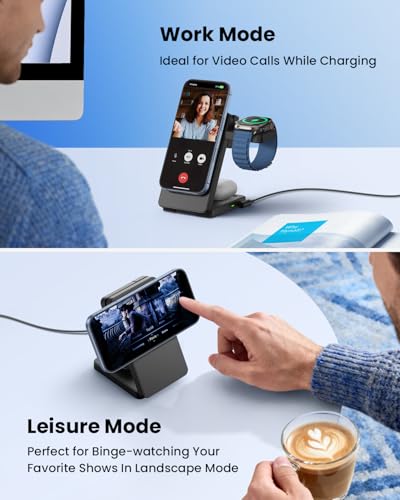 애플용 마그네틱 무선 충전 스테이션: 업그레이드된 QI2 인증 15W 3-in-1 Magsafe 무선 충전기 스탠드, 접이식 여행용 고속 충전기 아이폰 17 16 15 14 13 12 시리즈, 애플 워치, 에어팟용 - color: 퓨어 블랙.