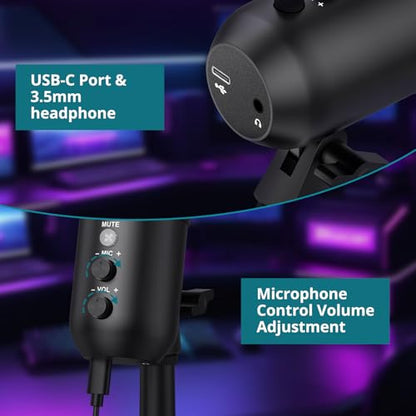 USB Gaming Microphone with RGB Lights Stand for PC, PS4, PS5 — Condenser Microphone Mute Headphones Jack, Noise Cancellation, Gain Control USB/XLR | Gaming, Podcasting, Streaming