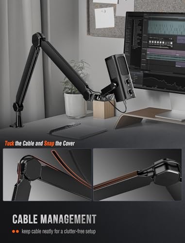 FIFINE BM66 Heavy Metal Microphone Boom Arm Stand for Podcast Recording | Mic Arm Stand,Desk Clamp, Cable Channels, 3/8" to 5/8" Threads, for Podcast, Vocal Recording, Gaming - size: BM66 Black (Without Extension Tube)