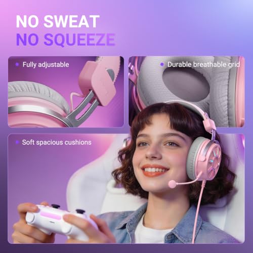 FIFINE USB Gaming Headset with Open Back Design, 7.1 Virtual Surround Sound, 53mm Dynamic Drivers, RGB Headphone with Handy Control Box, Detachable Boom Mic for PC, PS5, PS4, Laptop, Mac - H19P - color: Pink
