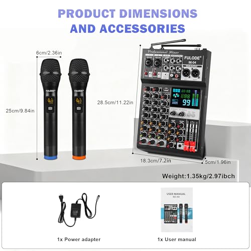 Audio Mixer, 4 Channel Sound Mixing Board With Dual Wireless Microphone & 99DSP, Professional DJ Console W/ MP3 Bluetooth 48V Phantom Power PAD USB Interface for Recording Home Karaoke Live Streaming