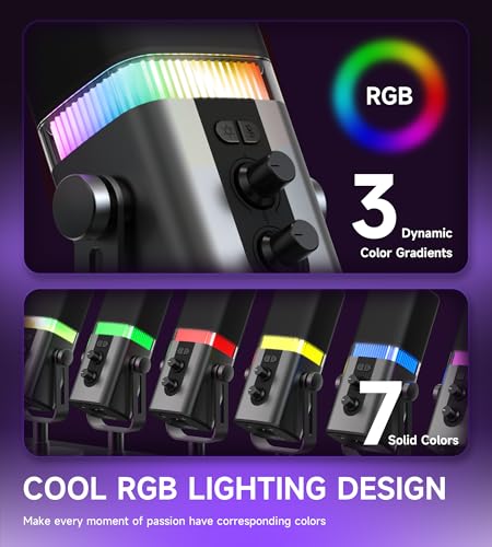 MAILANGSHI 192KHz/32bit Dynamic Podcast Microphone for PC, USB & XLR Mic with RGB Lighting, Desktop Stand, Mute Button, All-Metal Body, Gain & Volume Control, Gaming Microphone for Livestreaming