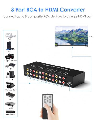 8 Port RCA to HDMI Converter, Dual AV to HDMI Converter Supports 16:9/4:3 Composite to HD MI Adapter Support 1080P PAL/NTSC Compatible with Sega/Xbox/PS1/PS2/PS3/WII/N64/VHS, VCRs, and DVD Players - size: 8 Port RCA to HDMI Converter