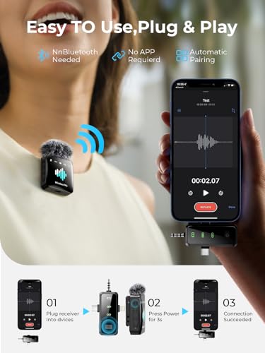 MENERESAS Wireless Lavalier Microphone for iPhone: Mini Microphone Noise Reduction - 328ft Transmission & 20H Battery Life for Video Recording, 3-in-1 Universal Camera & Android, Deep Grey