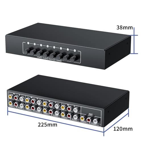BolAAzuL RCA Switch 8 in 1 Out Composite Video L/R Audio Switcher Selector | 8-Way RCA Switcher 8x1 AV Switch Box 8-Port Plug & Play for N64 PS2/3 Wii Xbox Game Consoles DVD STB TV - style: 8 in 1 out