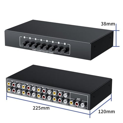 BolAAzuL RCA Switch 8 in 1 Out Composite Video L/R Audio Switcher Selector | 8-Way RCA Switcher 8x1 AV Switch Box 8-Port Plug & Play for N64 PS2/3 Wii Xbox Game Consoles DVD STB TV - style: 8 in 1 out