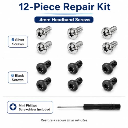 Replacement Headband Screws for Beats Studio 3, Studio 2, Studio 1.0, B0500 B0501, Studio Pro Headphone Headband Screws, Alloy Steel, Screwdriver Included 12pcs(6 Silver+6 Black)