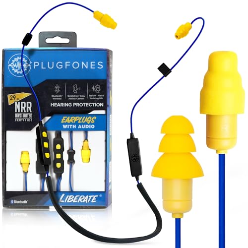 Plugfones Liberate 2.0 Bluetooth Earplug Headphones for Work, OSHA Earbuds | 29dB NRR Hearing Protection Earbuds, Work Headphones, Wireless Safety Ear Plugs, Mic, Construction, Warehouse, Blue & Yellow - color: Blue/Yellow