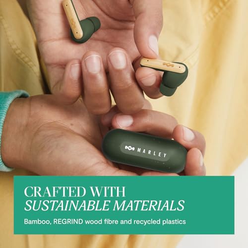 House of Marley Little Bird True Wireless Earbuds, Touch Controls, Built-in Mic, 24 Hours Playtime with Case, USB-C Quick Charge, Sustainable Materials, Movie and Gaming Mode (Green) - color: Green