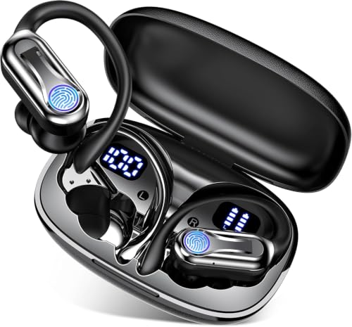 Sports Wireless Earbuds with Ear Hooks, Bluetooth 6.1 Noise Canceling Headphones, 90H Playtime LED Display, IPX7 Waterproof Running Workout Earphones, Black