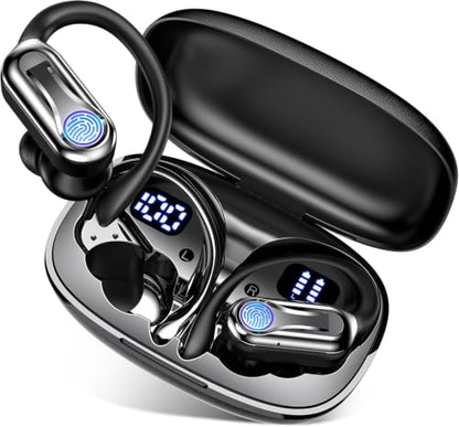 Sports Wireless Earbuds with Ear Hooks, Bluetooth 6.1 Noise Canceling Headphones, 90H Playtime LED Display, IPX7 Waterproof Running Workout Earphones, Black