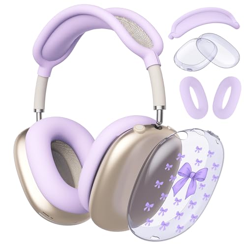 Cute Purple Bowa Clear Case for Airpods Max Headphones Kawaii Girl Printed Soft TPU Ear Cups Cover Anti-Scratch Silicone Ear Pad Protective Case Lovely Headband Cover for Apple Airpods Max - color: Purple bow A