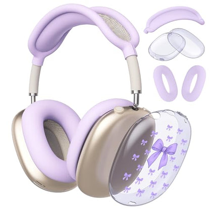 Cute Purple Bowa Clear Case for Airpods Max Headphones Kawaii Girl Printed Soft TPU Ear Cups Cover Anti-Scratch Silicone Ear Pad Protective Case Lovely Headband Cover for Apple Airpods Max - color: Purple bow A
