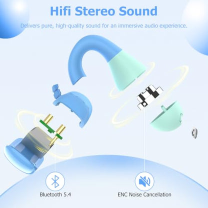 iDIGMALL Kids Wireless Earbuds, Open Ear Clip On Headphones for Teen, Blue | 85dB Volume Limit, 20 Hours Charging Case, Bluetooth 5.4, Built-in Mic, For Teens Child Girls Boys Home School Travel Sports - color: Blue