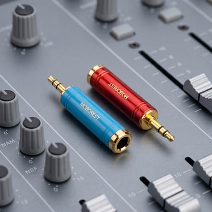 MOBOREST 3.5mm ~ 1/4인치(6.35mm) 헤드폰 어댑터, 퓨어 코퍼, 1블루+1레드 | 1/8 ~ 1/4 Aux 컨버터, 기타 앰프, 믹서, 스튜디오, 홈 시어터 및 라이브 무대 사용을 위한 솔리드 황동 6.35mm 헤드셋 어댑터 - color: 레드 1+블루 1개