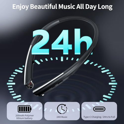 Neckband Bluetooth Headphones, Wireless Retractable Headset with Mic, IPX5 Sweatproof Earphones, Noise Cancelling Earbuds | 22H Playtime for Sports/Running/Driving (Black) - color: BLACK
