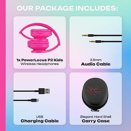 PowerLocus Kids Headphones Over-Ear, Bluetooth Wireless Headphones for Kids,with Microphone, Safe 85DB Volume Limited, Foldable with Carry Case, Audio Cable, Micro SD mode for Online Classes,PC,Phones - color: Pink