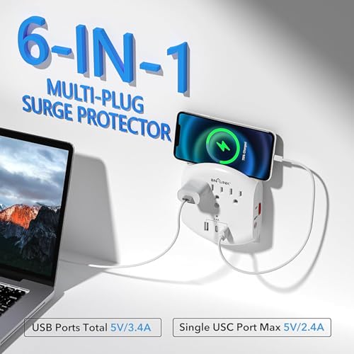 BN-LINK 3-Outlet Extender, Multi Plug Outlets with 3 USB Ports (3.4A Total), Dusk-to-Dawn Sensor Night Light, Surge Protector with Top Phone Holder, for Traveling, Home, School, Office - size: 3 Outlets - Night Light (USB)