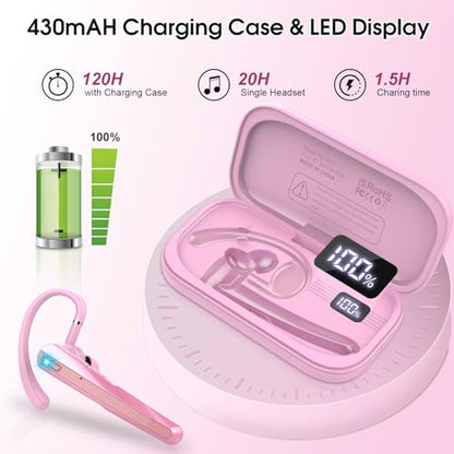 Bluetooth Headset V5.3, Wireless Headset with ENC Noise Canceling Mic | 120Hrs Talk Single-Ear Bluetooth Earpiece, LED Display, IP7 Waterproof Hand-Free Earphone for Business/Trucker, Pink - color: Pink