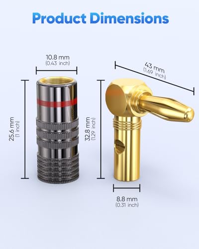 Right Angle Banana Plugs for Speaker Wire 2 Pairs/4 PCS, Speaker Banana Plugs 24K Gold Plated Connector for A/V Receiver, Amplifier, Surround Sound System, Banana Wall Plate, Home Theater - size: 2 Pairs(Right Angle)