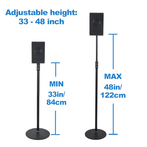 Speaker Stands, Adjustable Height from 33" to 48", 2 Packs | All Metal Speaker Stands Pair for Small Speakers，Holds up to 8.8 lbs,Easy DIY Assembly,HD-718,Black