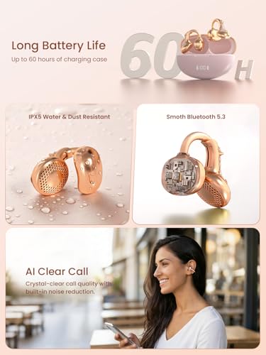 JewelPods C3 Wireless Bluetooth Earbuds, Jeweled Open-Ear Headphones, Pink | Ultra-Light Memory Wire Clip-On Earrings for All-Day Comfort, 60H Playtime, Sweat & Water Resistant, Premium Sound - color: Pink