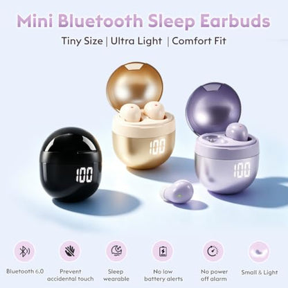 Mini Wireless Sleep Earbuds for Side Sleepers, 0.08oz Invisible Earbuds for Small Ears, Bluetooth 6.0 Sleep Headphones, No Alert Sounds, LED Display, Comfort Fit Earphones for Work, Travel