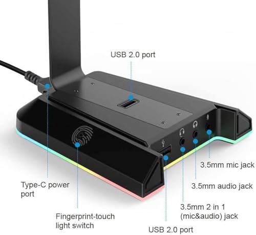 EKSA RGB Headset Stand, Headphone Stands with 7.1 Surround Sound & USB/3.5mm Port, Desk Gaming Headsets Holder with Aluminum Alloy Rod & Non-Slip Rubber Pad, Suitable for Most Gamer Desktop Earphones