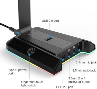 EKSA RGB Headset Stand, Headphone Stands with 7.1 Surround Sound & USB/3.5mm Port, Desk Gaming Headsets Holder with Aluminum Alloy Rod & Non-Slip Rubber Pad, Suitable for Most Gamer Desktop Earphones
