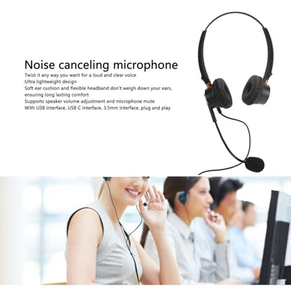 Headset with Noise Canceling Microphone, USB Dual Ear Volume Adjustable Office Telephone Headset with Long Cable, for Call Center, Customer Service