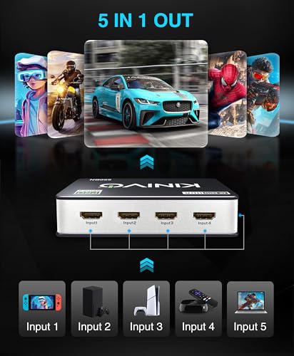 Kinivo HDMI Switch 5 in 1 Out 4K 60Hz (HDR 10, High Speed 18Gbps, IR Remote, HDCP2.2, Dolby Vision, VRR) - 550BN Switcher Compatible with Roku, PS5, Xbox, Apple TV, Nintendo Switch 2, Cable Box - size: 4K - 5 Port