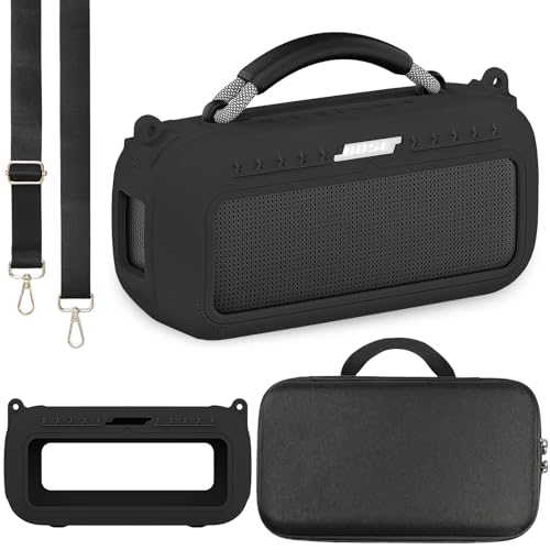 JCHPINE Silicone Cover and Carrying Case for Bose SoundLink Max Speaker | Protective Cases for SoundLink Max Speaker Accessories, Soft Silicone Cover and Hard Case with Shoulder Strap (Black) - color: Black Case