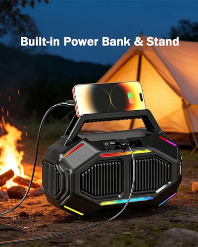 Qozybuds Bluetooth 6.0 Speaker, 80W(Peak) Loud Speaker with Bass, 30H Working Time, IPX6 Waterproof Large Jobsite Speakers with TWS, RGB Lights for Work, Outdoor, Workshop, Garage (Red)