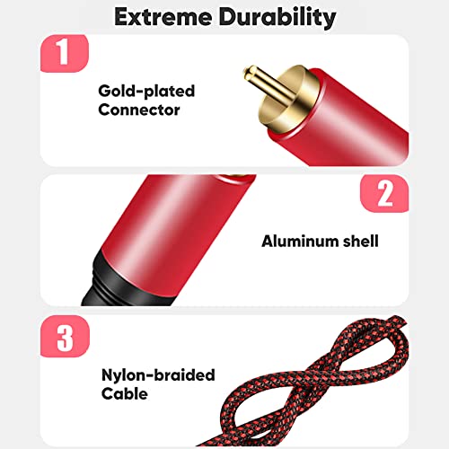 Tiierzon Digital Coaxial Audio Cable 5ft,1RCA Male to 1RCA Male Subwoofer Cable Nylon Braided RCA Video Cable for Subwoofer, Home Theater, HDTV, Hi-Fi Systems (5Ft) - size: 5Ft