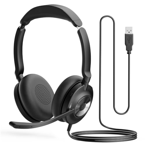 USB Headset with Microphone for PC, Active Noise Cancelling Headphones with ENC Noise Cancelling Mic, Wired Office Computer Headset with Mute for Call Center, Teams, Zoom