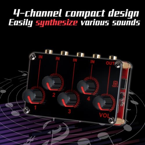 COKYIS TP400 Mini Portable Stereo 4 Channel Audio Mixer Live Studio Console Recording Low Noise Multiple Input Mix 4 Way 1/8" inch 4 in 1 Out Stereo Mixer(With USB power cord)