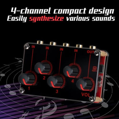 COKYIS TP400 Mini Portable Stereo 4 Channel Audio Mixer Live Studio Console Recording Low Noise Multiple Input Mix 4 Way 1/8" inch 4 in 1 Out Stereo Mixer(With USB power cord)