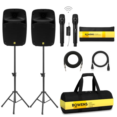 Bowens Dual 8 Inch 400W PA System – Portable Speakers with Bluetooth, USB/SD, LCD & Remote – DJ Sound System with Wireless Karaoke Microphone for Singing/Microfono & Stands