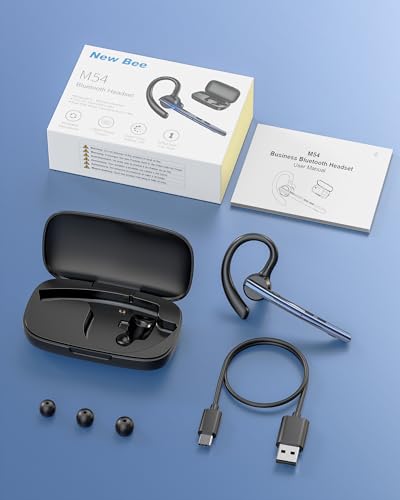 New Bee Bluetooth Headset V5.1 72H Talk Time Dual Mic with Mute Button for Business, Wireless Hand-Free Bluetooth Earpiece with 500mAh Charging Case for Cell Phone Calls Trucker Driver Laptop - color: Blue, style: M54