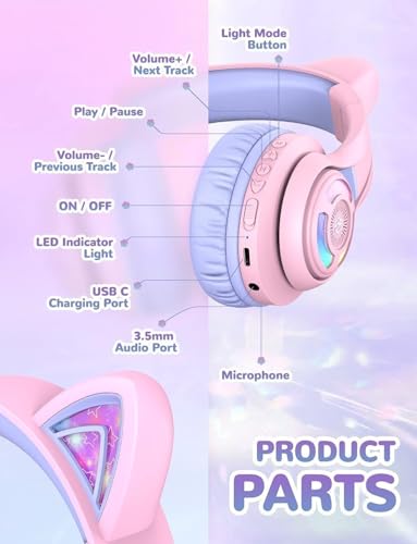iClever BTH13 Kids Bluetooth Headphones for Girls, LED Cat Ear Travel Gift | SafeSound Tech, 50H Playtime, USB C Charging, AUX Cable, Stereo Sound, Kids Headphones Wireless with Mic for Tablet, Purple - color: Light Purple