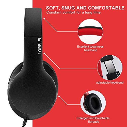 LORELEI X6 Over-Ear Headphones with Microphone, Lightweight Foldable & Portable Stereo Bass Headphones with 1.45M No-Tangle,Wired Headphones for Smartphone Tablet MP3 / 4 (Black-Red) - color: Black-red