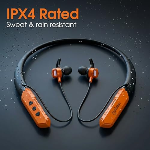 Manhattan Bluetooth 5.2 Neckband Earbuds, 15-Hour Battery, IPX4 Mic - color: Black/Orange