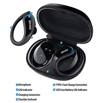 Maxell True Wireless Earbuds with Earhooks, 15hr Battery, Bluetooth 5.0 | Flexible earhook design stays secure during workouts - noise isolating, heavy bass, LED battery indicator case