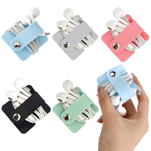 5 PCS Cord Organizer Earbuds Holder, Small Silicone Cable Organizer Winder Manager for Earphone Phone Charger, Reusable Cable Straps Wire Keeper Home Office Kitchen School