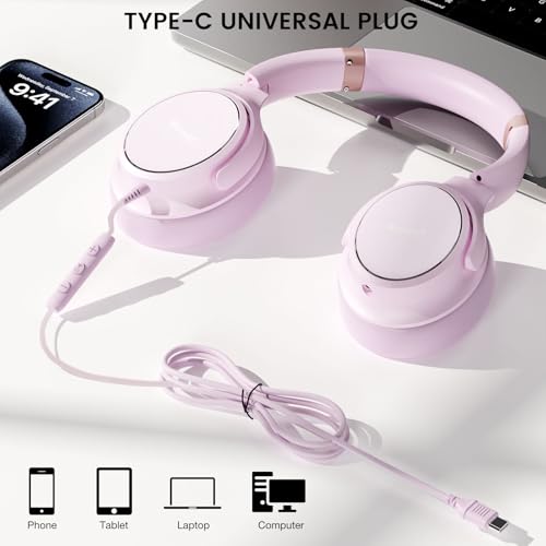 USB C Wired Over-Ear Headphones with Microphone | Volume Control, Share Port, Adjustable Headband Foldable Stereo Headset for Adult/Teens for iPhone 16, Laptop, Gaming, Travel - color: New Icy Pink