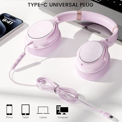 USB C Wired Over-Ear Headphones with Microphone | Volume Control, Share Port, Adjustable Headband Foldable Stereo Headset for Adult/Teens for iPhone 16, Laptop, Gaming, Travel - color: New Icy Pink