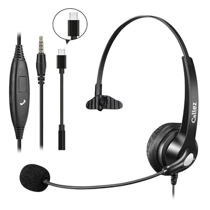 Callez Wired Computer Headset, 3.5mm Cell Phone Headset for iPhone Samsung | USB C Headphone with Mic Noise Cancelling for PC Laptop Mac, Zoom Teams Call Center Home Office Work, in-line Control - color: Black
